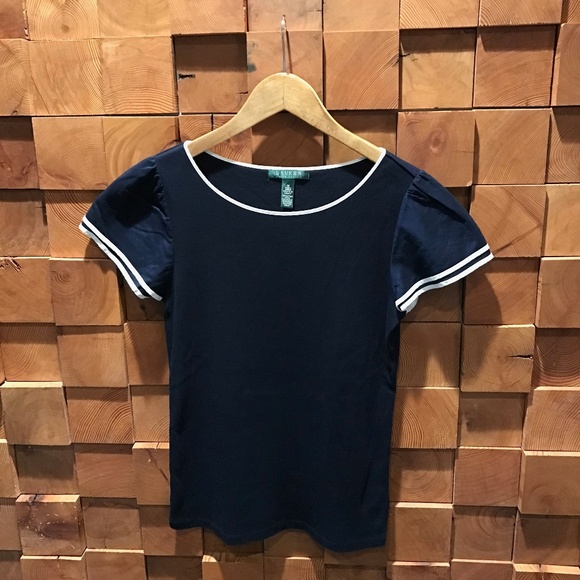 Lauren -Ralph Lauren Navy Ruffled Blouse Size M - Picture 1 of 4